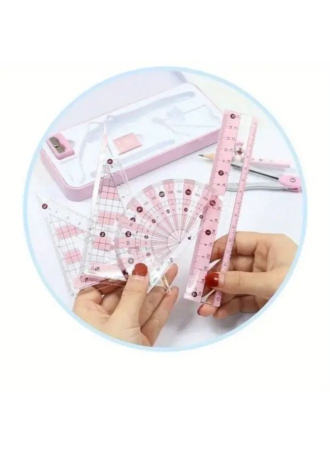 مجموعة هندسية وردية 8 قطع، فرجار مسطرة، أدوات رسم رياضية للطلاب والمعلمين - Image 5